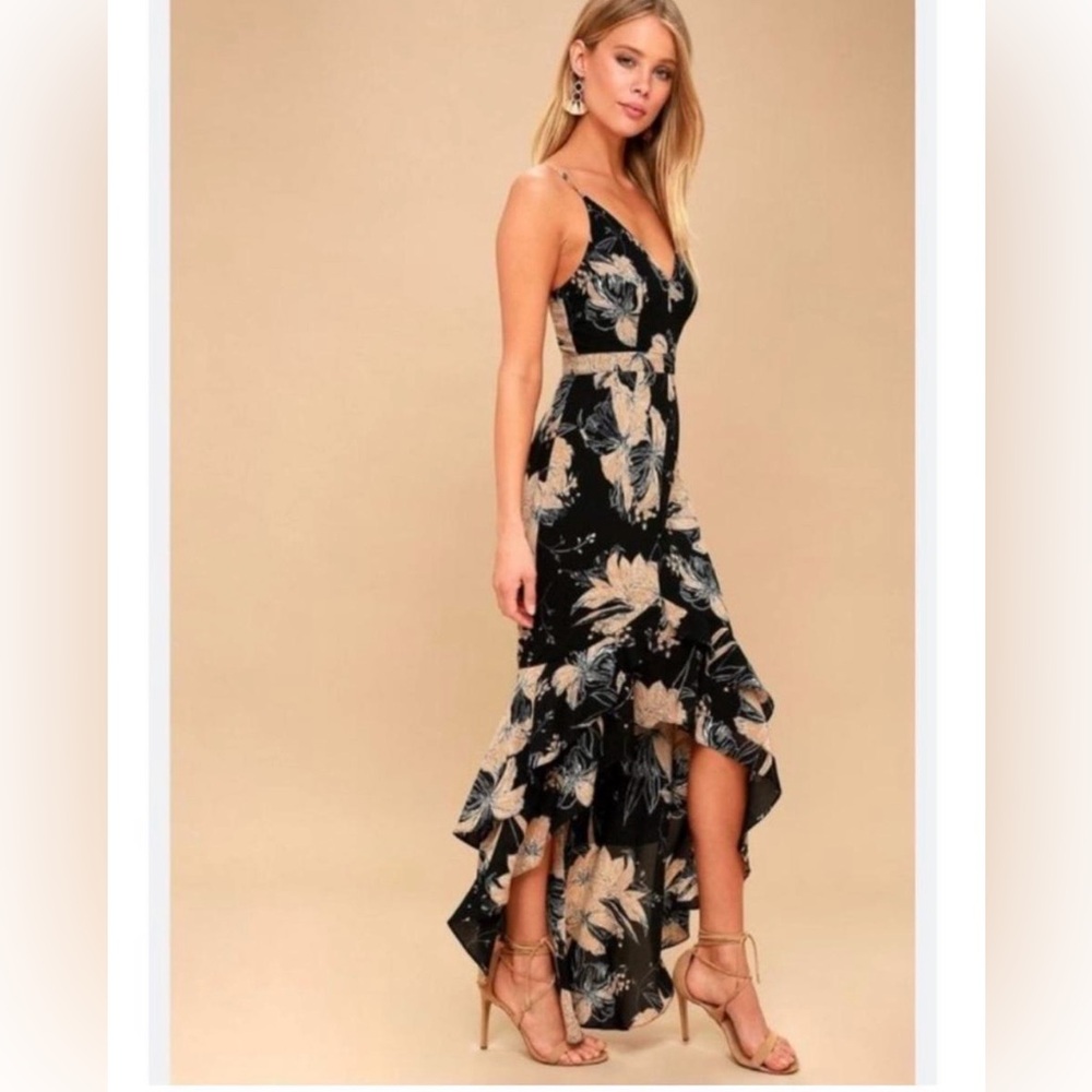 Lulus Darling Daylily Black/Tan Floral Print High-Low Maxi Dress Size Small